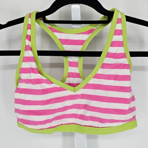 Fruit of the Loom Womens Sz 38 Racerback Sports Bra Pink White Striped Lime Trim - Picture 1 of 3